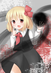 Rule 34 | 1girl, :d, absurdres, bad id, bad pixiv id, blonde hair, darkness, finger to cheek, hair ribbon, highres, neko satou, open mouth, red eyes, ribbon, rumia, shirt, short hair, skirt, smile, solo, touhou, vest