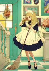 Rule 34 | 1girl, adjusting hair, akiyama enma, ankle strap, apron, back bow, black dress, black footwear, bouquet, bow, broom, checkered floor, cigarette, collared dress, contrapposto, door, door handle, dress, expressionless, facing viewer, floor, flower, foyer, frilled apron, frills, full body, green eyes, hairband, hand up, high collar, high heels, indoors, light brown hair, looking afar, maid, maid headdress, medium hair, original, painting (object), picture frame, pink flower, pink rose, puffy short sleeves, puffy sleeves, red flower, red rose, rose, shadow, short dress, short sleeves, smoking, solo, stairs, standing, table, vase, wall, white apron, white bow, white flower, white hairband, yellow flower