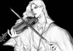 Rule 34 | 1boy, bishounen, black background, bow (music), collared jacket, collared shirt, expressionless, fingernails, greyscale, holding, holding bow (music), holding instrument, holding violin, instrument, interview with a vampire, jacket, lestat de lioncourt (interview with a vampire), lips, long hair, long sleeves, looking ahead, male focus, monochrome, music, open clothes, open jacket, parted lips, playing instrument, realistic, shirt, simple background, sleeves past wrists, solo, teeth, thick eyebrows, upper body, violin, wavy hair, zhishi (itsme948)