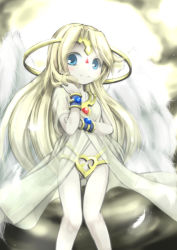 Rule 34 | 1girl, angel wings, blonde hair, blue eyes, child, feathers, flat chest, ilias, jewelry, long hair, lots of jewelry, mon-musu quest!, mon-musu quest: paradox, smile, solo, tiara, wings, aged down