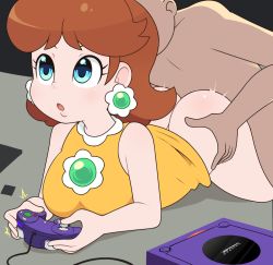 Rule 34 | 1boy, 1girl, :o, ^^^, ass, bare arms, bare shoulders, blue eyes, bottomless, breasts, brooch, brown hair, clothed female nude male, controller, earrings, eyelashes, faceless, faceless male, flipped hair, flower earrings, game console, game controller, gamecube, gamecube controller, holding, holding controller, holding game controller, implied sex, jewelry, looking away, loveboxf, lying, mario (series), mario golf, mario tennis, medium breasts, medium hair, nintendo, nose, nude, on stomach, open mouth, playing games, princess daisy, prone bone, sex, sex from behind, shirt, sleeveless, sleeveless shirt, torso grab, yellow shirt