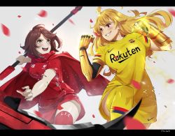 Rule 34 | 2girls, blonde hair, crescent rose, ember celica (rwby), gauntlets, grey eyes, letterboxed, lulu-chan92, mechanical arms, multiple girls, prosthesis, prosthetic arm, red eyes, red hair, ruby rose, rwby, scythe, shorts, siblings, single mechanical arm, sisters, soccer uniform, sportswear, thighhighs, yang xiao long