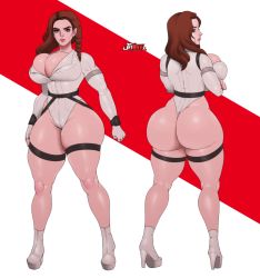 Rule 34 | 1girl, alternate hairstyle, ass, black widow, breasts, cleavage, curvy, hair down, high heels, highleg, highleg leotard, highres, huge ass, huge breasts, jay-marvel, large breasts, leotard, long hair, marvel, multiple views, natasha romanoff, plump, red hair, sideboob, solo, thick thighs, thighs, white leotard, wide hips
