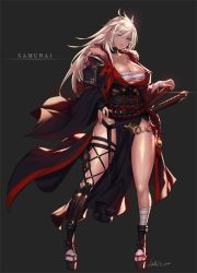 Rule 34 | 1girl, artist name, bandaged foot, bandages, black background, blonde hair, blue eyes, breasts, cleavage, closed mouth, commentary, dark-skinned female, dark skin, earrings, fingernails, full body, fur trim, hand on own hip, highres, japanese clothes, jewelry, katana, large breasts, legs, lips, long hair, long sleeves, mad kimo, neon trim, obi, original, pelvic curtain, samurai, sandals, sarashi, sash, shiny skin, signature, simple background, solo, standing, sword, weapon, wide sleeves