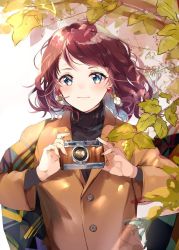 Rule 34 | 1girl, black sweater, blue eyes, blush, branch, brown hair, brown jacket, camera, closed mouth, commentary request, earrings, fringe trim, highres, holding, holding camera, jacket, jewelry, leaf, long hair, long sleeves, looking at viewer, original, puracotte, smile, solo, sweater, turtleneck, turtleneck sweater, upper body