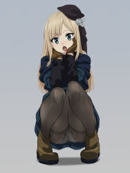 Rule 34 | 1girl, :o, beret, black hat, black pantyhose, blonde hair, blue eyes, blush, boots, brown gloves, character name, cleft of venus, commentary request, crotch seam, fate (series), flower, full body, gloves, grey background, hair flower, hair ornament, hands on own cheeks, hands on own face, hat, highres, jacket, long hair, long sleeves, looking at viewer, lord el-melloi ii case files, nomanota, open mouth, panties, panties under pantyhose, pantyhose, pantyshot, reines el-melloi archisorte, simple background, smile, solo, squatting, teeth, thank you, thighband pantyhose, tongue, tongue out, underwear, upper teeth only