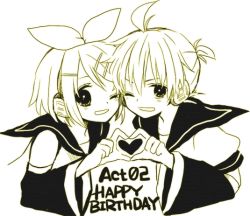 Rule 34 | 1boy, 1girl, ;d, ahoge, anzu (o6v6o), brother and sister, detached sleeves, english text, hair ornament, hair ribbon, hairpin, happy birthday, headphones, heart, heart hands, heart hands duo, kagamine len, kagamine rin, monochrome, one eye closed, open mouth, ribbon, school uniform, serafuku, short hair, short ponytail, siblings, smile, twins, upper body, vocaloid