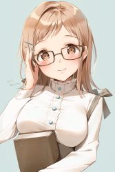 Rule 34 | 1girl, aqua background, bespectacled, black-framed eyewear, book, breasts, brown eyes, brown hair, buttons, closed mouth, commentary request, glasses, hair ornament, hairclip, hand up, head tilt, highres, holding, holding book, idolmaster, idolmaster shiny colors, kinako (shiratama mochi), long hair, long sleeves, looking at viewer, medium breasts, sakuragi mano, shirt, sidelocks, simple background, smile, solo, turtleneck, twitter username, underbust, upper body, white shirt