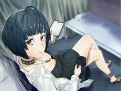Rule 34 | #money, 1girl, ahoge, bed, belt, black dress, black hair, blurry, blurry background, bob cut, breasts, brown eyes, chair, clipboard, closed mouth, crossed legs, cup, dress, from above, high heels, highres, holding, holding clipboard, holding cup, infirmary, jewelry, lab coat, lips, looking at viewer, looking up, medium breasts, mug, pendant, persona, persona 5, red belt, short hair, sitting, solo, studded choker, takemi tae