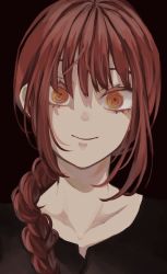 Rule 34 | 1girl, black background, black dress, braid, braided ponytail, chainsaw man, dark background, dress, highres, long hair, looking at viewer, makima (chainsaw man), red hair, ringed eyes, sidelocks, simple background, smile, solo, woruworu 61, yellow eyes