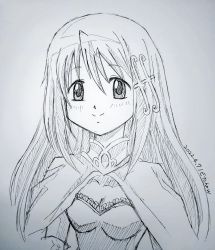 Rule 34 | alternate hair length, alternate hairstyle, cape, dated, fortissimo, greyscale, hair ornament, long hair, looking at viewer, magical girl, mahou shoujo madoka magica, mahou shoujo madoka magica (anime), mahou shoujo madoka magica movie 1 &amp; 2, miki sayaka, monochrome, musical note, musical note hair ornament, simple background, smile, solo, tagme