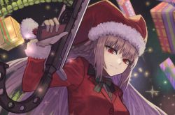 Rule 34 | 1girl, bow, braid, close-up, fate/grand order, fate (series), florence nightingale (fate), florence nightingale (santa) (fate), fur-trimmed headwear, fur trim, gift, green bow, gun, hat, holding, holding weapon, janoukyo19, red eyes, santa costume, santa hat, silver hair, sparkle background, weapon