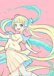 Rule 34 | 1girl, absurdly long hair, aqua eyes, aqua hair, blonde hair, copyright request, cowboy shot, floating hair, happy, highres, kneehighs, long hair, looking at viewer, multicolored hair, open mouth, pink background, pleated skirt, quinoko, sailor collar, school uniform, skirt, smile, socks, solo, streaked hair, twintails, two-tone hair, very long hair, water, yellow skirt