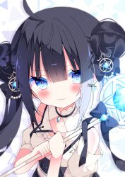 Rule 34 | 1girl, ahoge, black bow, black hair, blue eyes, blush, bow, character request, closed mouth, clothing cutout, commission, double bun, hair between eyes, hair bow, hair bun, highres, holding, indie virtual youtuber, long hair, looking at viewer, puffy short sleeves, puffy sleeves, shirt, short sleeves, shoulder cutout, skeb commission, solo, staff, suisei 1121, twintails, upper body, virtual youtuber, white background, white shirt