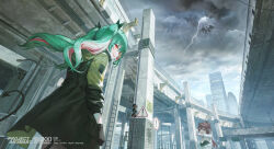Rule 34 | 1other, 2girls, absurdres, artist name, black gloves, blurry, brown hair, building, cityscape, cloud, dark clouds, demon tail, demon wings, depth of field, fang, gloves, green hair, halo, highres, hood, hood down, ikkia, lightning, looking to the side, model building, multicolored hair, multiple girls, original, outdoors, overpass, pink hair, pointing, pointing at another, railing, red eyes, road sign, sign, skin fang, streaked hair, tail, traffic light, twintails, twitter username, warning sign, white hair, wings