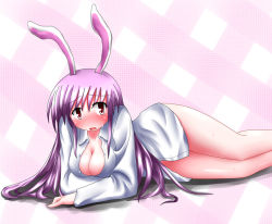 Rule 34 | 1girl, animal ears, baerun, blush, bottomless, breasts, cleavage, female focus, long hair, open clothes, open shirt, purple hair, rabbit ears, red eyes, reisen udongein inaba, shirt, solo, touhou