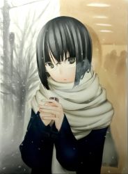 Rule 34 | 1girl, bare tree, black hair, blue coat, can, canned coffee, coat, drink can, glasses, highres, lamppost, light, long hair, looking at viewer, ogino jun, original, power lines, rimless eyewear, scarf, sidelocks, silhouette, sleeves past wrists, snowing, solo, toumei ningen no hone, tree, upper body, window