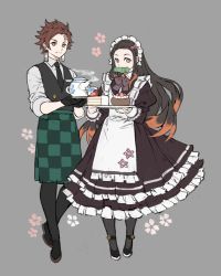 Rule 34 | 1boy, 1girl, alternate costume, apron, bit gag, black hair, black neckwear, black pants, black vest, brother and sister, brown hair, cake, checkered apron, checkered clothes, closed mouth, dress, earrings, enmaided, flower, food, frilled dress, frills, gag, grey background, highres, holding, jewelry, kamado nezuko, kamado tanjirou, kimetsu no yaiba, long hair, maid, maid headdress, multicolored hair, necktie, pants, papajay (jennygin2), pink eyes, red hair, scar, scar on face, scar on forehead, shirt, siblings, simple background, standing, steam, teapot, vest, waist apron, waiter, waitress, white apron