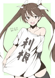 Rule 34 | 1girl, black thighhighs, brown hair, character name, cowboy shot, hair between eyes, hair ribbon, highres, kantai collection, long hair, looking at viewer, one-hour drawing challenge, open mouth, ribbon, round teeth, shirt, single thighhigh, smile, solo, t-shirt, taira yuuki, teeth, thighhighs, tone (kancolle), twintails, upper teeth only, white shirt