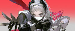 Rule 34 | 1girl, apron, arknights, between fingers, black dress, black gloves, closed mouth, commentary, dress, earrings, expressionless, foreshortening, gloves, gradient background, grey background, grey eyes, grey hair, head wings, highres, holding, holding knife, irene (arknights), irene (voyage of feathers) (arknights), jewelry, knife, knives between fingers, long sleeves, looking at viewer, maid, maid apron, maid headdress, nano (c175311), official alternate costume, red background, scar, scar across eye, shaded face, sleeve cuffs, solo, upper body, white apron, wings