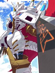 absurdres arm_blade cape colored_skin digimoji digimon digimon_(creature) highres horns jesmon red_cape shoulder_spikes solo spikes weapon white_skin yellow_eyes youwantstars