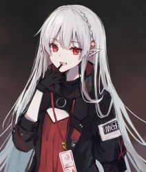 Rule 34 | 1girl, :d, arknights, black gloves, black jacket, blood, braid, commentary request, crown braid, dress, fangs, gloves, grey hair, hair between eyes, hand up, highres, jacket, kokao358, long hair, long sleeves, looking at viewer, open clothes, open jacket, open mouth, pointy ears, puffy long sleeves, puffy sleeves, red dress, red eyes, smile, solo, very long hair, warfarin (arknights), warfarin (elite ii) (arknights)