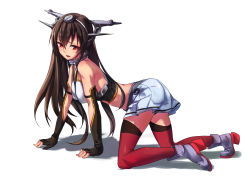 Rule 34 | 10s, 1girl, absurdres, all fours, ankle boots, boots, brown hair, fingerless gloves, gloves, hairband, highres, kantai collection, long hair, nagato (kancolle), open mouth, personification, pg (pgouwoderen), red eyes, solo, thighhighs