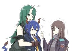 Rule 34 | 3girls, angry, arknights, black jacket, blue hair, brown hair, ch&#039;en (arknights), collared shirt, commentary request, doctor (arknights), dragon girl, dragon horns, dragon tail, female doctor (arknights), gloves, green eyes, green hair, grey shirt, hands up, horns, hoshiguma (arknights), hug, hug from behind, jacket, long hair, multiple girls, necktie, nejikyuu, open mouth, red eyes, restrained, shaking, shirt, short hair, simple background, single horn, smile, tail, white background, white shirt, yellow necktie