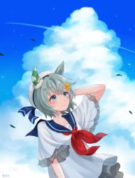 Rule 34 | 1girl, alternate costume, arm behind head, arm up, bad id, bad twitter id, beret, blue eyes, blush, closed mouth, cloud, commentary, grey hair, hair ornament, hat, highres, horse, leaf, looking up, neckerchief, outdoors, red neckerchief, rio (rio 067), sailor collar, seiun sky (umamusume), shirt, short hair, smile, solo, symbol-only commentary, twitter username, umamusume, upper body, white hat, white shirt, wind