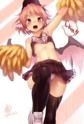 Rule 34 | 1girl, alternate costume, alternate headwear, animal ears, arm up, armpits, ayagi daifuku, bad id, bad twitter id, bird wings, black thighhighs, blush, breath, cheerleader, dated, hat, inactive account, looking at viewer, midriff, mystia lorelei, navel, open mouth, panties, pink hair, pom pom (cheerleading), red eyes, shirt, shoes, short hair, signature, simple background, skirt, sleeveless, smile, sneakers, solo, speech bubble, sweat, text focus, thighhighs, touhou, underwear, wings, zettai ryouiki