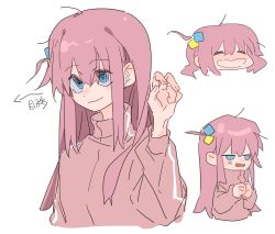 Rule 34 | 1girl, air quotes, blue eyes, bocchi the rock!, closed mouth, commentary, cube hair ornament, gotoh hitori, hair ornament, hand up, hashtag-only commentary, highres, jacket, long hair, long sleeves, melting, molu stranger, multiple views, open mouth, own hands together, pink hair, pink jacket, simple background, smile, translation request, upper body, white background