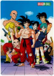 Rule 34 | 1980s (style), 3girls, 5boys, aqua hair, arms behind back, bald, barefoot, black hair, blonde hair, blue eyes, boots, bulma, chi-chi (dragon ball), copyright name, day, double v, dougi, dragon ball, dragon ball (classic), earrings, gun, handgun, hands on another&#039;s shoulders, highres, holding, holding gun, holding weapon, jewelry, kuririn, looking at viewer, lunch (bad) (dragon ball), lunch (dragon ball), maeda minoru, multiple boys, multiple girls, muscular, muscular male, muten roushi, official art, old, old man, oldschool, open mouth, outdoors, pistol, retro artstyle, smile, son goku, standing, sunglasses, tenshinhan, third eye, toei animation, topless male, torn clothes, v, weapon, yamcha