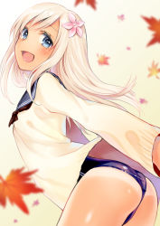 Rule 34 | 10s, 1girl, asagi yuna, ass, autumn leaves, bad id, bad pixiv id, blue eyes, commentary request, flower, hair flower, hair ornament, highres, kantai collection, long hair, long sleeves, no pants, one-piece swimsuit, open mouth, ro-500 (kancolle), school swimsuit, school uniform, serafuku, solo, swimsuit, swimsuit under clothes, white hair