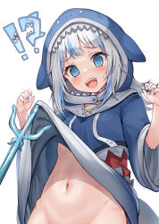 Rule 34 | !?, 1girl, :d, @ @, akabane (zebrasmise), animal hood, blue eyes, blue hoodie, blue nails, blush, bottomless, clothes lift, drawstring, embarrassed, fins, fish tail, flat chest, gawr gura, gawr gura (1st costume), groin, hololive, hololive english, hood, hoodie, long hair, looking at viewer, multicolored hair, nail polish, navel, no panties, open mouth, out-of-frame censoring, polearm, shark girl, shark hood, sharp teeth, short sleeves, silver hair, simple background, smile, solo, stomach, streaked hair, sweat, tail, teeth, trident, two-tone hair, upper body, virtual youtuber, weapon, white background, wide sleeves