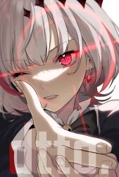 Rule 34 | 1girl, aiming, aiming at viewer, dtto., earrings, finger gun, hievasp, highres, jewelry, looking at viewer, multicolored hair, pale skin, red eyes, red hair, ribbon, scarz, short hair, simple background, skull ornament, solo, utaite, virtual youtuber, white hair