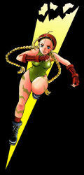 Rule 34 | 1990s (style), 1girl, ahoge, antenna hair, bare shoulders, beret, blonde hair, blue eyes, boots, braid, breasts, cammy white, camouflage, capcom, combat boots, elbow gloves, fingerless gloves, gloves, hat, huge ahoge, leotard, long hair, ohse kohime, ouse kohime, retro artstyle, running, scar, smile, socks, solo, street fighter, street fighter ii (series), twin braids