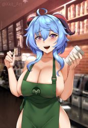 Rule 34 | 1girl, :d, absurdres, ahoge, apron, areola slip, bare shoulders, barista, blue hair, blush, bottomless, breasts, cafe, cleavage, cup, drink, ganyu (genshin impact), genshin impact, green apron, half-closed eyes, highres, holding, holding cup, holding pen, horns, iced latte with breast milk (meme), large breasts, looking at viewer, meme, naked apron, nipple slip, nipples, open mouth, pen, purple eyes, smile, solo, topless, xkit