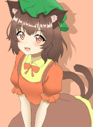 Rule 34 | 1girl, :d, absurdres, alternate costume, animal ear fluff, animal ears, blush, bow, bowtie, breasts, brown dress, brown eyes, brown hair, cat ears, cat tail, chen, dress, drop shadow, earrings, fang, from above, green hat, hat, highres, jewelry, leaning forward, looking at viewer, medium hair, mob cap, multiple tails, nekomata, open mouth, orange background, pink background, red bow, red bowtie, red dress, shirokumall, simple background, single earring, small breasts, smile, solo, tail, touhou, two tails, v arms, wing collar