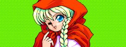 Rule 34 | 1990s (style), 1girl, akazukin chan ni kiwotsukete, aliasing, blonde hair, blue eyes, braid, capelet, diagonal-striped background, facing viewer, game cg, green background, hood, hood up, hoode capelet, little red riding hood, long hair, looking at viewer, one eye closed, pc98, red capelet, retro artstyle, smile, solo, striped, striped background, tagme, twin braids, upper body, wink