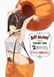 Rule 34 | 1girl, armpits, arms up, black hair, breasts, closed mouth, crop top, crop top overhang, earrings, eyes visible through hair, facial mark, fake horns, groin, hairband, halloween, highres, horns, jewelry, kamo kamen, mask, unworn mask, multicolored hair, nail polish, no panties, original, short hair, simple background, small breasts, solo, star (symbol), star facial mark, streaked hair, suspenders, white background, yellow eyes