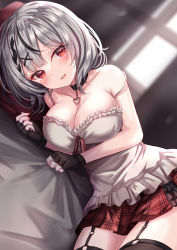 Rule 34 | 1girl, black collar, black gloves, black hair, blouse, blurry, blurry background, blush, braid, breasts, cleavage, collar, dutch angle, fingerless gloves, garter straps, gloves, grey hair, highres, hololive, indoors, large breasts, long hair, looking at viewer, lying, medium hair, multicolored hair, on side, plaid clothes, plaid skirt, red eyes, red skirt, sakamata chloe, shirt, skirt, smile, solo, strap slip, streaked hair, thighhighs, virtual youtuber, white shirt, yuano