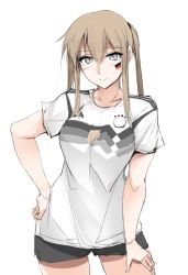 Rule 34 | 1girl, 2018 fifa world cup, blonde hair, blush, breasts, collarbone, cowboy shot, facepaint, german flag, graf zeppelin (kancolle), grey eyes, hair between eyes, hand on own hip, high ponytail, kantai collection, looking at viewer, medium breasts, short shorts, shorts, sidelocks, smile, soccer, soccer uniform, solo, sportswear, standing, twintails, white background, world cup, zekkyon