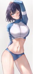 Rule 34 | 1girl, absurdres, arm behind back, arm behind head, arm up, bikini, bikini bottom only, black hair, blue archive, blue bikini, blue eyes, breasts, closed mouth, contrapposto, cowboy shot, crop top, cropped jacket, gluteal fold, grey background, hand on own head, highres, jacket, large breasts, long sleeves, looking at viewer, midriff, navel, official alternate costume, one eye closed, raglan sleeves, raised eyebrow, reneua, saki (blue archive), saki (swimsuit) (blue archive), short hair, simple background, solo, standing, stomach, swimsuit, thighs, white jacket, zipper