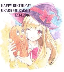 Rule 34 | 10s, 1girl, ;), blonde hair, bow, bowtie, character name, dated, hair ornament, happy birthday, hat, hat bow, highres, holding, long hair, long sleeves, looking at viewer, one eye closed, red bow, red bowtie, school uniform, shiraishi urara, signature, smile, solo, stuffed toy, sweater, swept bangs, traditional media, witch hat, x hair ornament, yamada-kun to 7-nin no majo, yoshikawa miki