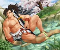 Rule 34 | 1boy, abs, bad id, bad pixiv id, bandaged arm, bandages, bara, bare pectorals, boulder, bulge, cherry blossoms, clothes down, cum, cum in clothes, dougi, full body, fundoshi, haoumaru, highres, japanese clothes, large pectorals, long hair, looking at viewer, male focus, mature male, mint, muscular, muscular male, nipples, no pants, open clothes, open shirt, pectorals, samurai spirits, saolin (wudangx), sheath, sheathed, sideburns, sitting, snk, solo, stomach, thick thighs, thighs