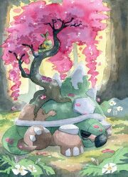 closed_eyes closed_mouth commentary creatures_(company) english_commentary flower game_freak gen_4_pokemon highres lying nintendo no_humans outdoors petals pink_petals pokemon pokemon_(creature) sleeping smile tail torterra tree trulyavaporeon turtwig