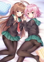 Rule 34 | 2girls, :d, ahoge, ass, bed sheet, black legwear, black sweater, blunt bangs, blush, brown eyes, brown hair, commentary request, fang, green sailor collar, green skirt, hair between eyes, hair intakes, highres, holding hands, huge ahoge, kantai collection, kuma (kancolle), long hair, long sleeves, looking at viewer, lying, masayo (gin no ame), miniskirt, multiple girls, neckerchief, necktie, no shoes, on back, on bed, on side, open mouth, panties, panties under pantyhose, pantyhose, pantyshot, pillow, pink eyes, pink hair, pleated skirt, polka dot pillow, red eyes, red neckwear, sailor collar, school uniform, serafuku, short hair, skirt, smile, striped, striped pillow, sweater, tama (kancolle), tareme, thighband pantyhose, underwear, upskirt, very long hair