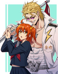 Rule 34 | 1boy, 1girl, alternate costume, bare pectorals, belt, blonde hair, bousouzoku, covered abs, delinquent, exposed muscle, fate/grand order, fate (series), flag, fujimaru ritsuka (female), grin, hair slicked back, holding, holding flag, holding hands, jacket, looking at another, male focus, midriff sarashi, muscular, muscular male, orange eyes, orange hair, orange scrunchie, pectorals, sakata kintoki (fate), sakata kintoki (rider) (fate), sarashi, school uniform, scrunchie, smile, sunglasses, tsukumihara academy uniform (fate/extra ccc), white jacket, zanshi