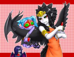 Rule 34 | 3girls, :q, angry, apron, armband, bar (place), bare shoulders, bat wings, black dress, black hair, black wings, blue hair, blush, bow, bowl, chocolate, clenched teeth, colored sclera, colored skin, cooking, dress, duel monster, eating, emblem, fabled grimro, fabled krus, fabled topi, feathers, female focus, fingernails, food, fruit, green eyes, hair ornament, hair over one eye, holding, horns, jewelry, licking lips, long fingernails, long hair, looking at viewer, looking back, mask, monster girl, multiple girls, nail polish, necklace, orange (fruit), pale skin, pataneet, plaid, plaid background, pointy ears, purple hair, purple skin, red nails, red sclera, ring, sandals, slippers, smile, standing, teeth, tiara, tongue, tongue out, twintails, whisk, wings, wristband, yu-gi-oh!, yu-gi-oh! duel monsters