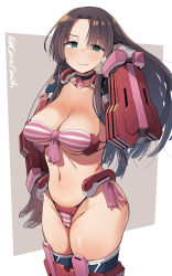 Rule 34 | 1girl, armor, bikini, blush, breasts, brown hair, cameltoe, choker, cleavage, commission, date shigezane, geso smith, gloves, green eyes, hair ornament, hand in own hair, hand on own hip, highleg, highleg bikini, highres, kyoukaisenjou no horizon, large breasts, long hair, mecha musume, simple background, skeb commission, smile, solo, striped bikini, striped clothes, swimsuit, twitter username, two-tone background